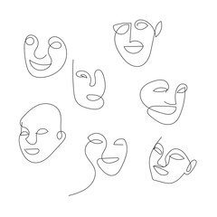 Set of abstract human faces one line fine art isolated on white. Modern continuous line art. Black and white minimalist graphic. Vector illustration hand drawn. For Gift Card,postcard,stickers,posters