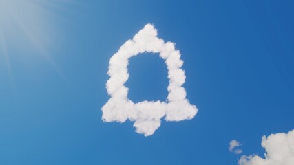 3d rendering of white clouds in shape of symbol of notifications bell button on blue sky with sun