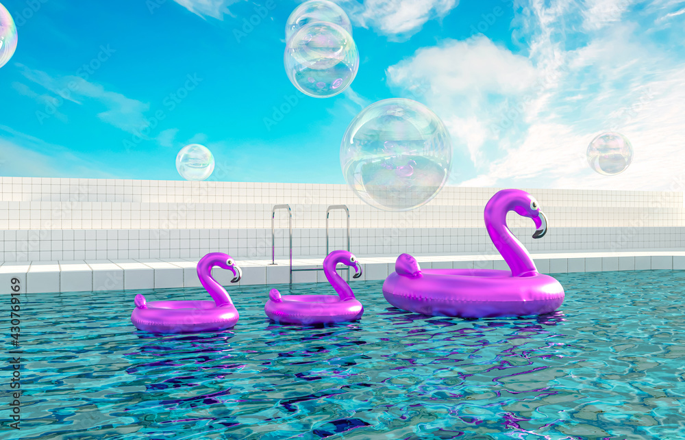 Fototapete summer beach scene background with pink inflatable flamingo pool float. 3d rendering.