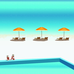 Digital illustration of a girl on vacation relaxing on an island on a white beach sun loungers and umbrellas