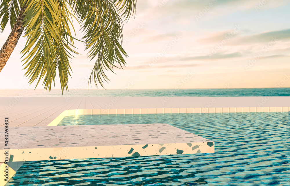 Fototapete summer beach scene background with terrazzo podium and palm tree. 3d rendering.