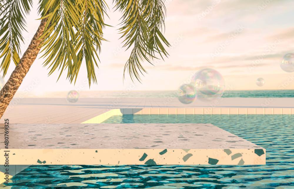 Leinwandbilder summer beach scene background with terrazzo podium and palm tree. 3d rendering.