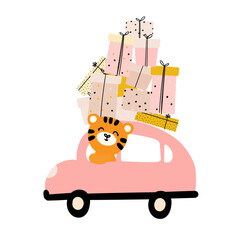 Cute tiger carries gifts by car. Vector illustration for birthday and other holidays