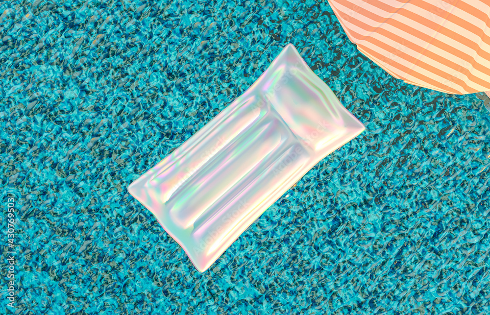 Fototapete summer beach scene background with holographic inflatable pool float. 3d rendering.
