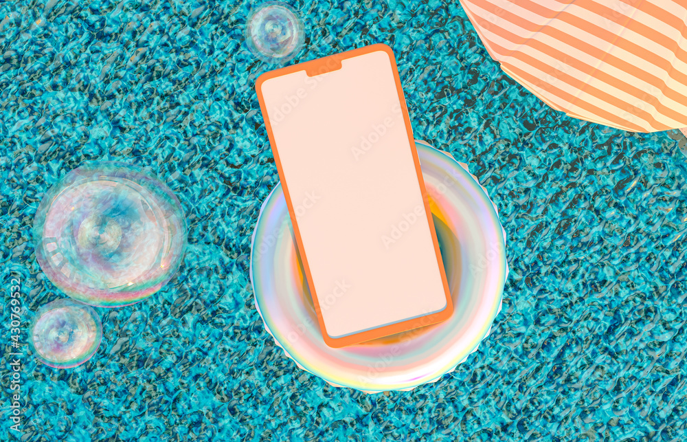 Leinwandbilder Mobile phone mockup floating in the pool with inflatable floats. 3d rendering.
