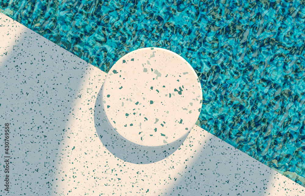 Fototapete empty cylinder podium backdrop with pool background and terrazzo floor. 3d rendering.