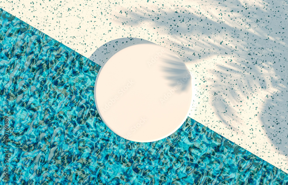Fototapete Empty cylinder podium backdrop with pool background and terrazzo floor. 3d rendering.
