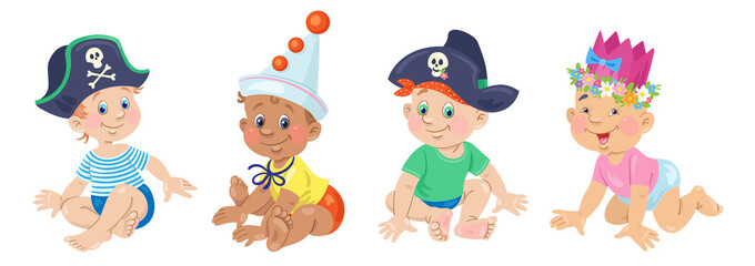 Four cute little babies in carnival costumes. Happy children of different nations. In cartoon style. Isolated on white background. Vector flat illustration