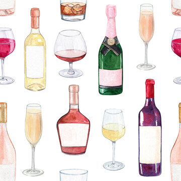 watercolor alcohol bottles and glasses seamless pattern on white background.