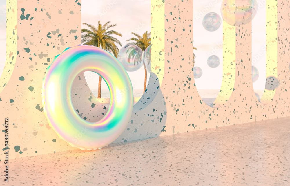 Fototapete summer beach scene background with holographic inflatable ring pool float. 3d rendering.