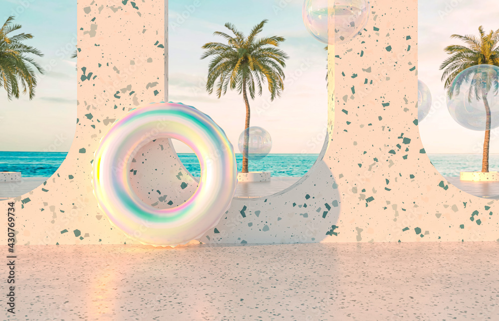 Leinwandbilder Summer beach scene background with holographic Inflatable ring Pool Float. 3d rendering.