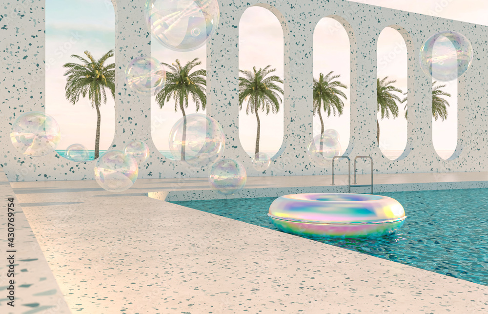 Fototapete summer beach scene background with holographic inflatable ring pool float. 3d rendering.