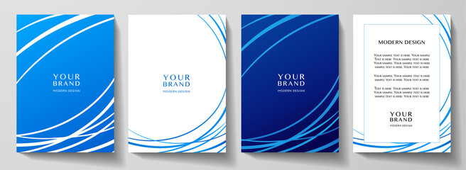Modern blue cover, frame design set.  Abstract radial line pattern (curves). Creative stripe vector collection for business background page, brochure template, booklet, vertical certificate