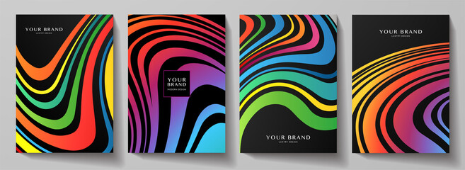 Modern creative rainbow cover design set.  Abstract wavy colorful line pattern (curves) on black background. Creative stripe vector collection for business background page, brochure template, booklet,