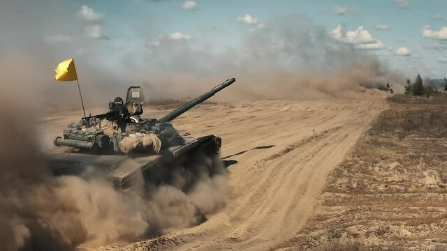 Tanks drive aerial. Army training. Military armored machine. National defense. Power demonstration at dry desert field. Vehicle riding at dust clouds. Armoured transport. Battlefield war cinema scene