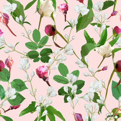 Seamless pattern with green leaves and branches and rosebuds.