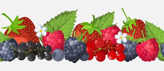 Seamless border of fruits and berries. Blueberries, currants, cherries, strawberries, blackberries, raspberries. Vector illustration