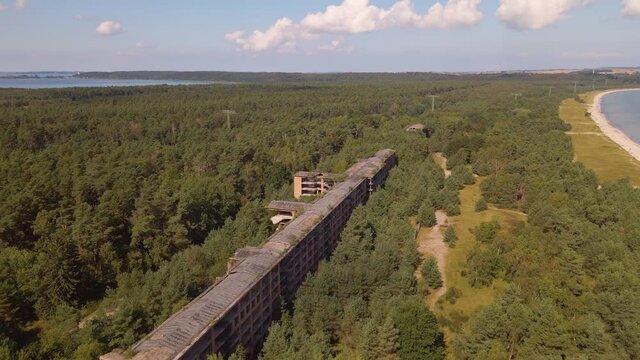 Drone flyover in the bay of Binz on the island of R&uuml;gen, Baltic Sea. The ruins were built during World War II and abandoned 30 years ago.