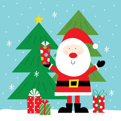 santa claus with christmas tree greeting card design