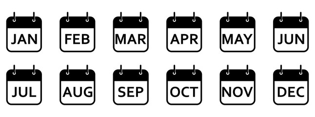Every month of a year calendar icons. Set of black calendar icons. Vector illustration.