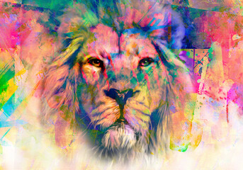 lion head with creative colorful abstract elements on light background - obrazy, fototapety, plakaty