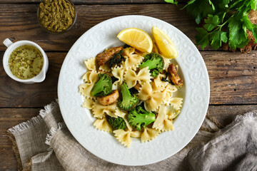 Farfalle with broccoli and chicken and basil. Italian food. Top view. Wooden background. Copy space.
