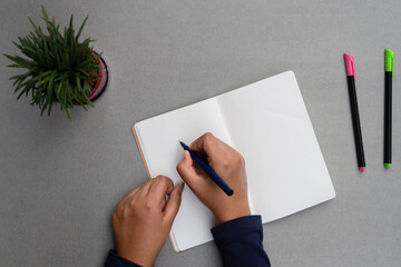 Young woman's hands writing in a blank notebook. Flat lay with a notebook, color pens and a plant...
