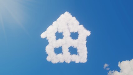 Fototapeta premium 3d rendering of white clouds in shape of symbol of home on blue sky with sun