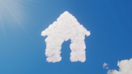 3d rendering of white clouds in shape of symbol of home on blue sky with sun