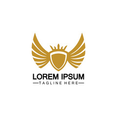 Golden winged shield with crown logo / heraldry symbol isolated white background