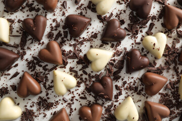 Beautiful heart shaped chocolate candies on white background, flat lay