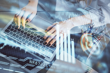 Double exposure of woman hands typing on computer and technology theme drawing. High Tech concept.