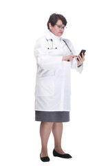 in full growth. senior female medic with a smartphone.