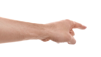 Man pointing with index finger on white background, closeup