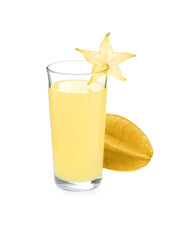 Delicious carambola juice in glass on white background