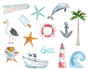 Marine watercolor set of watercolor summer elements, seagull, wave, lighthouse, dolphin, lifebuoy, boat, rope, palm tree, anchor, starfish.