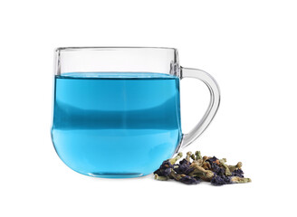 Glass cup of organic blue Anchan on white background. Herbal tea