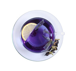 Glass cup of organic blue Anchan with lemon on white background, top view. Herbal tea
