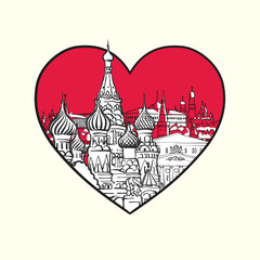 I love Moscow. Red heart and famous buildings