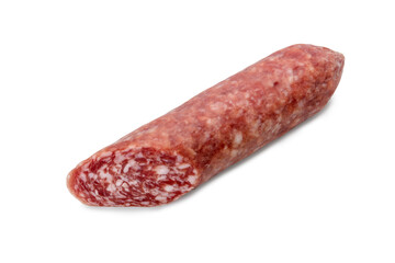 Italian country salami, whole sausage cut isolated on white, copy space