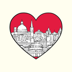Obraz premium I love Valletta. Red heart and famous buildings