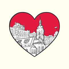 I love Zagreb. Red heart and famous buildings