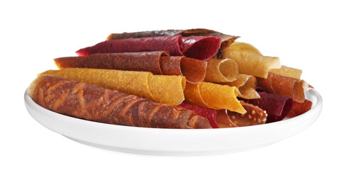 Delicious fruit leather rolls on white background