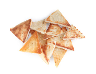 Delicious pita chips on white background, top view