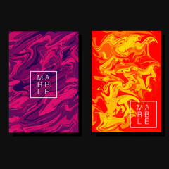 A set of bright posters with marble texture in yellow-orange and pink-purple colors isolated on black with a square white frame and text. Place for your text. 