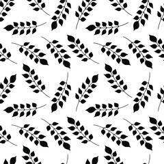 Floral seamless pattern with black branches on white background. Ornament with tropic leaves, sprigs.