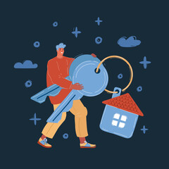 Fototapeta premium Vector illustration of man with big keyhouse in his hand on dark backround.