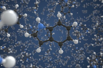 Molecule of indole, ball-and-stick molecular model. Scientific 3d rendering