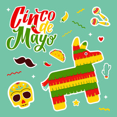 Cinco de mayo. Set with symbols of Mexico Mexican guitar, mustache, tequila, pepper, skull. Сolorful stylish vector illustration set Mexico. Mexican maracas, pinata, tacos