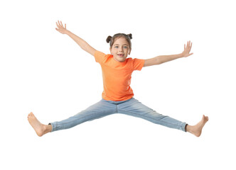 Cute little girl jumping on white background